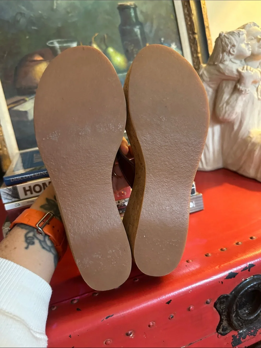 K.Jacques Brown Patent Leather Cork Wedge Flip-Flops